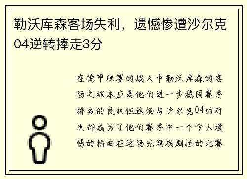勒沃库森客场失利，遗憾惨遭沙尔克04逆转捧走3分