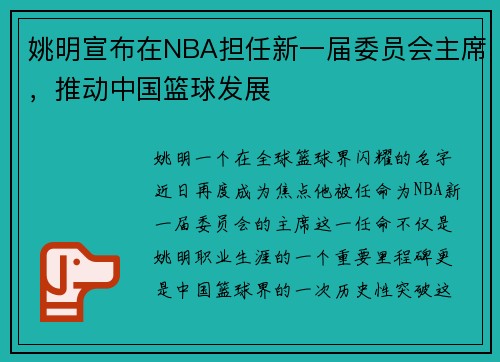 姚明宣布在NBA担任新一届委员会主席，推动中国篮球发展